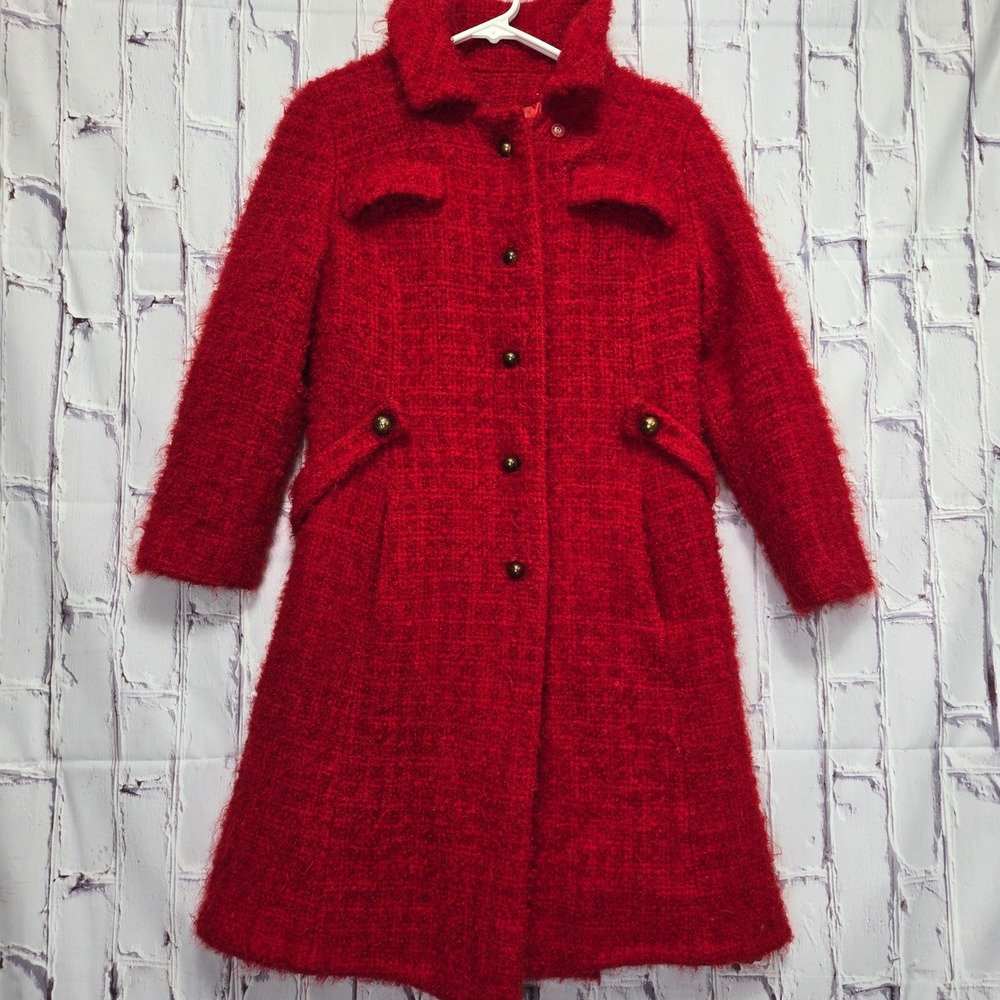 VTG 60s 70s Vibrant Red Wool Jacket Coat Gold Color Buttons Midi Length Sz XXS